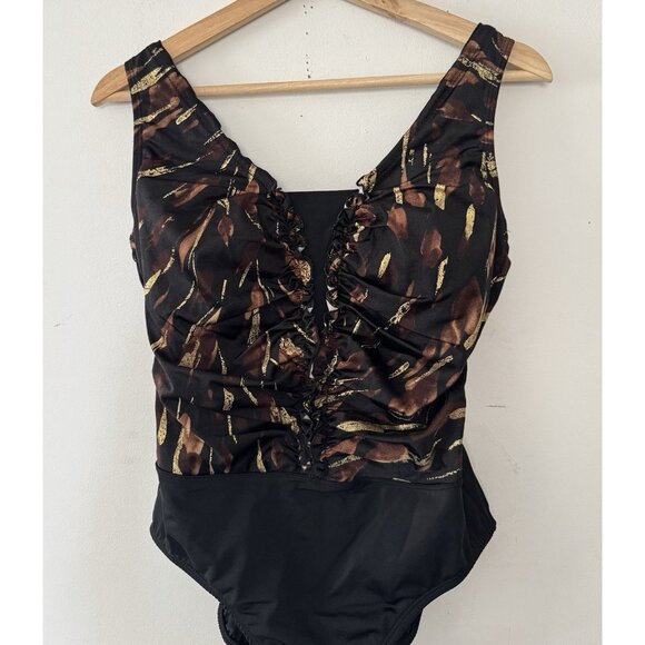 Inches Away Swim One Piece Swimsuit Contour Ruched Ruffle Black Full Coverage 10 - Picture 4 of 15